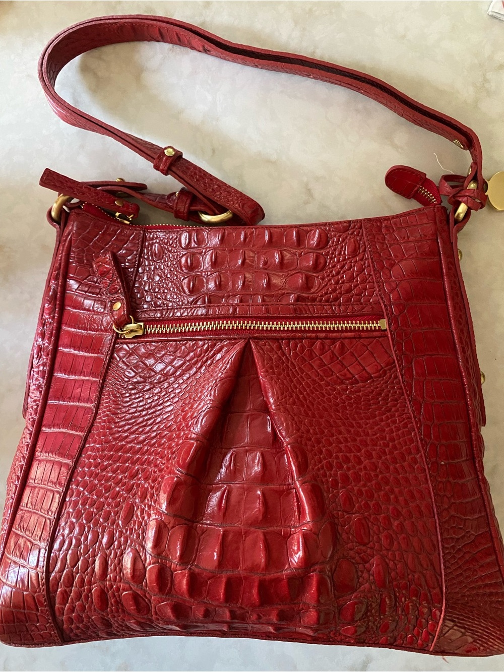 Brahmin Red Croc-Embossed Lindy Shoulder Bag